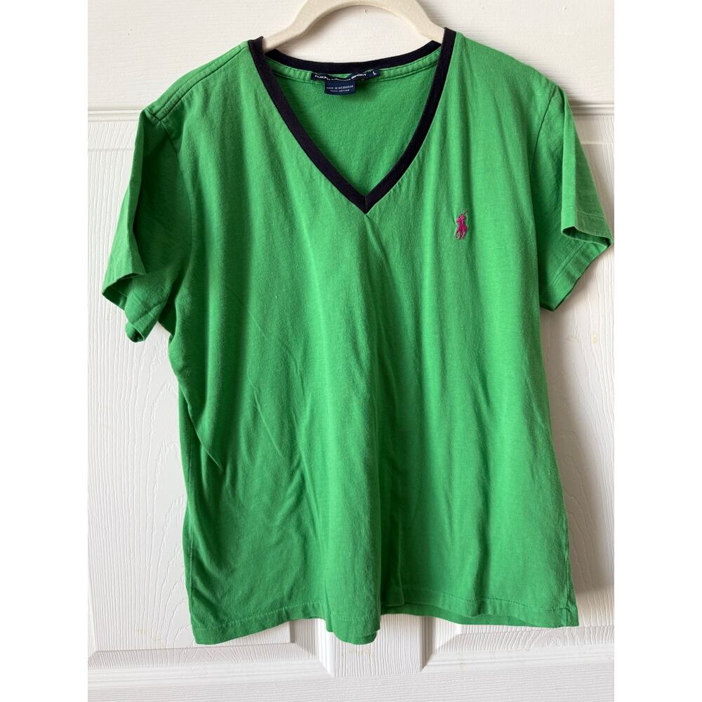 Ralph Lauren Sport Green V-Neck Tee‎ Pink Pony Y2K Size L Preppy Tennis Sporty